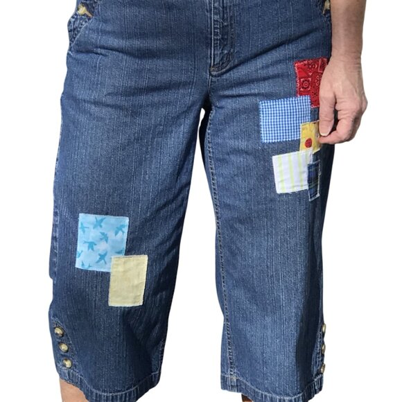 Patchwork Capris Jean Shorts: Upcycled Denim Spring Summer Picnic Pants, Size 8 - Picture 3 of 14